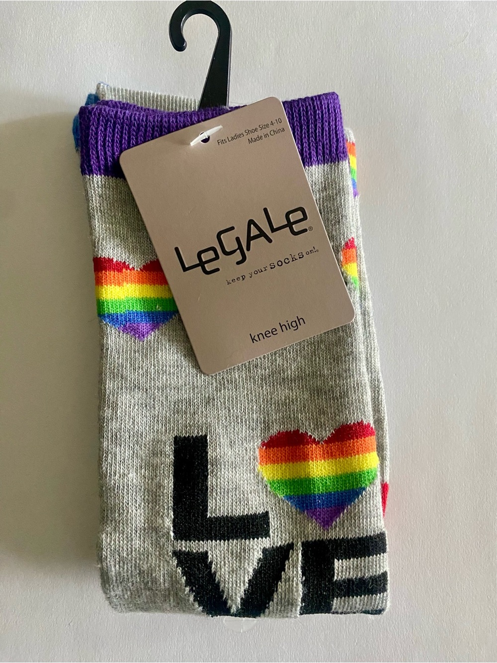 NWT Legale Women's Gray Knee High Socks with Rainbow Heart & LOVE graphic